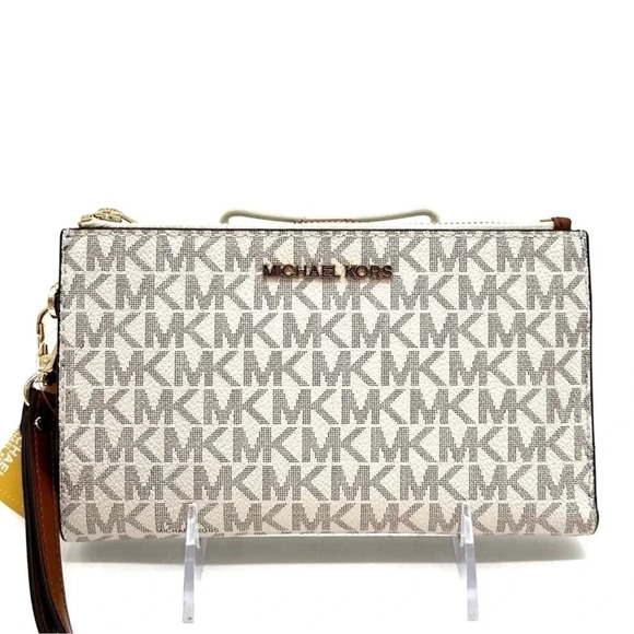 Michael Kors Double Zip Wallet Wristlet Vanilla Leather - Picture 1 of 7